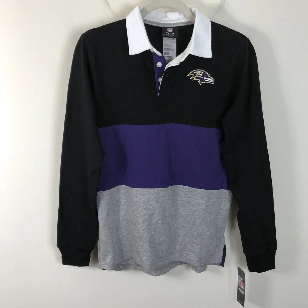 NWT Baltimore Ravens NFL Long Sleeve Polo Shirt Youth L 14/16 Black Football
